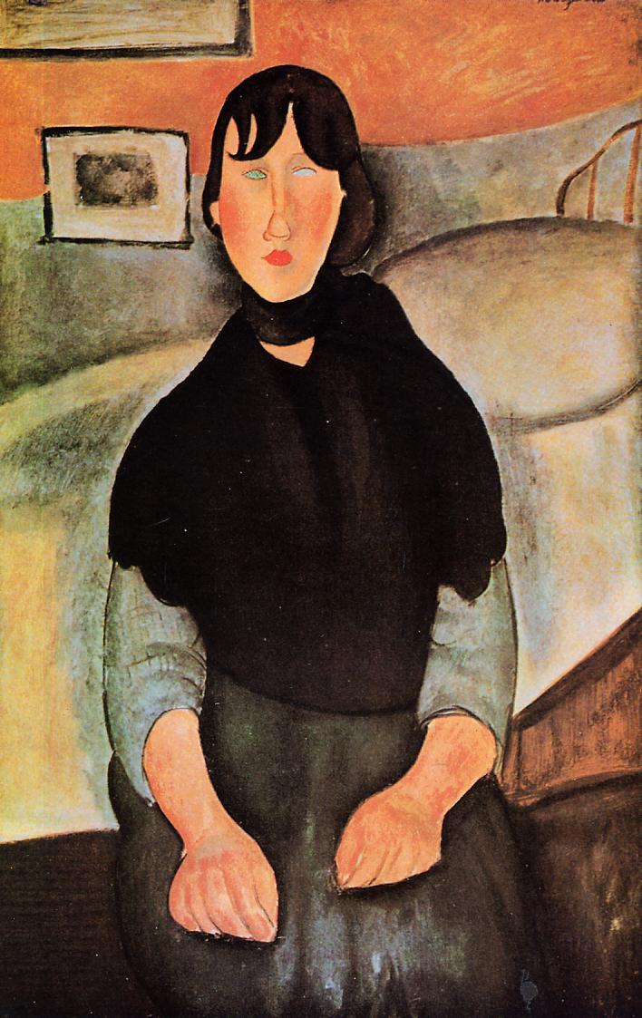 Dark Young Woman Seated by a Bed - Amedeo Modigliani Paintings